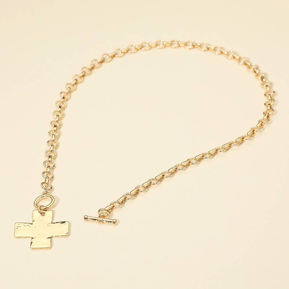 Hammered Metal Cross Pendant Chunky Chain Necklace