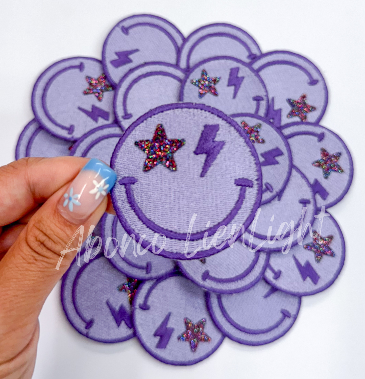 Purple glitter smiley face patch