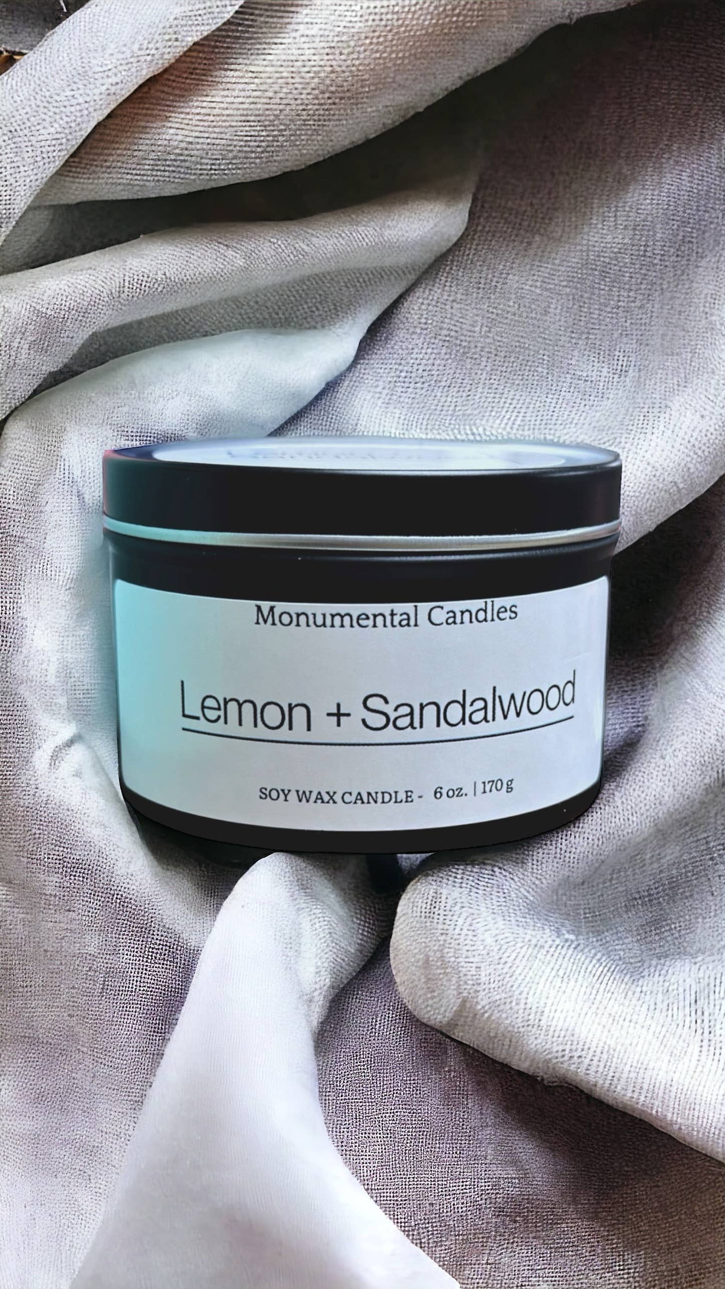 Lemon + Sandalwood - 6 oz Matte Black Tin Candle