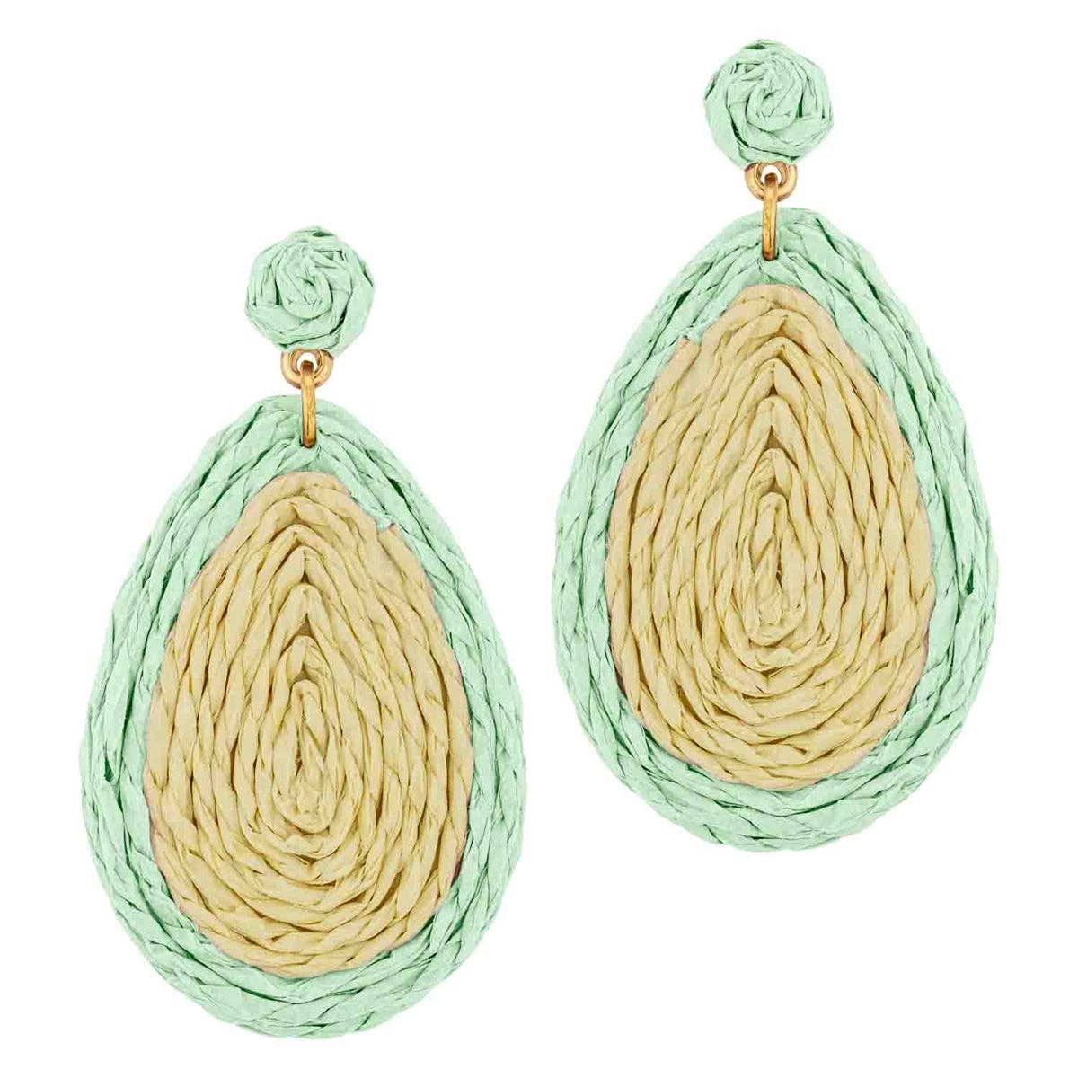 Mint and Tan Rattan Teardrop 2" Earring
