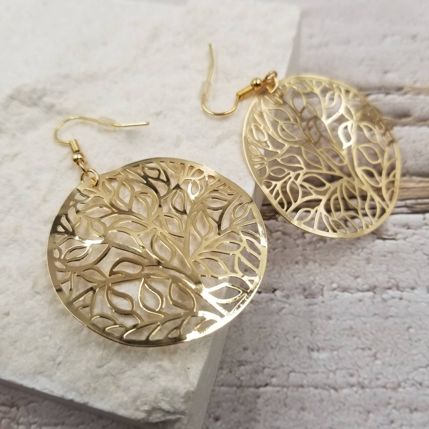 Gold Life Tree Circular Earrings