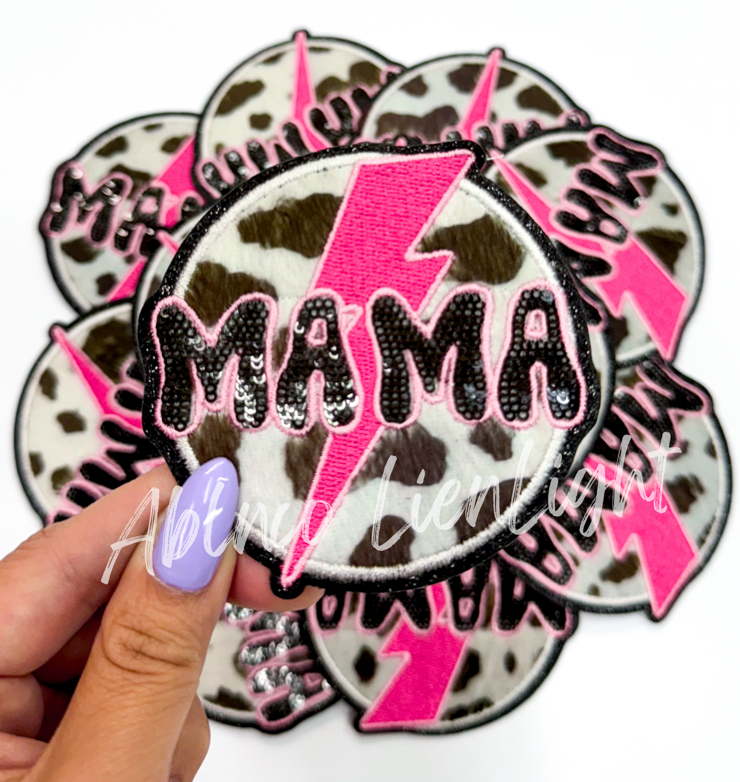 Mama cow print pink bolt patch