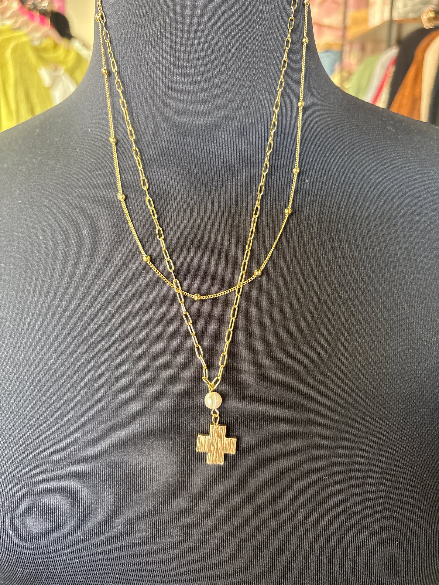 Dainty Gold Layered Necklace with Chunky Cross