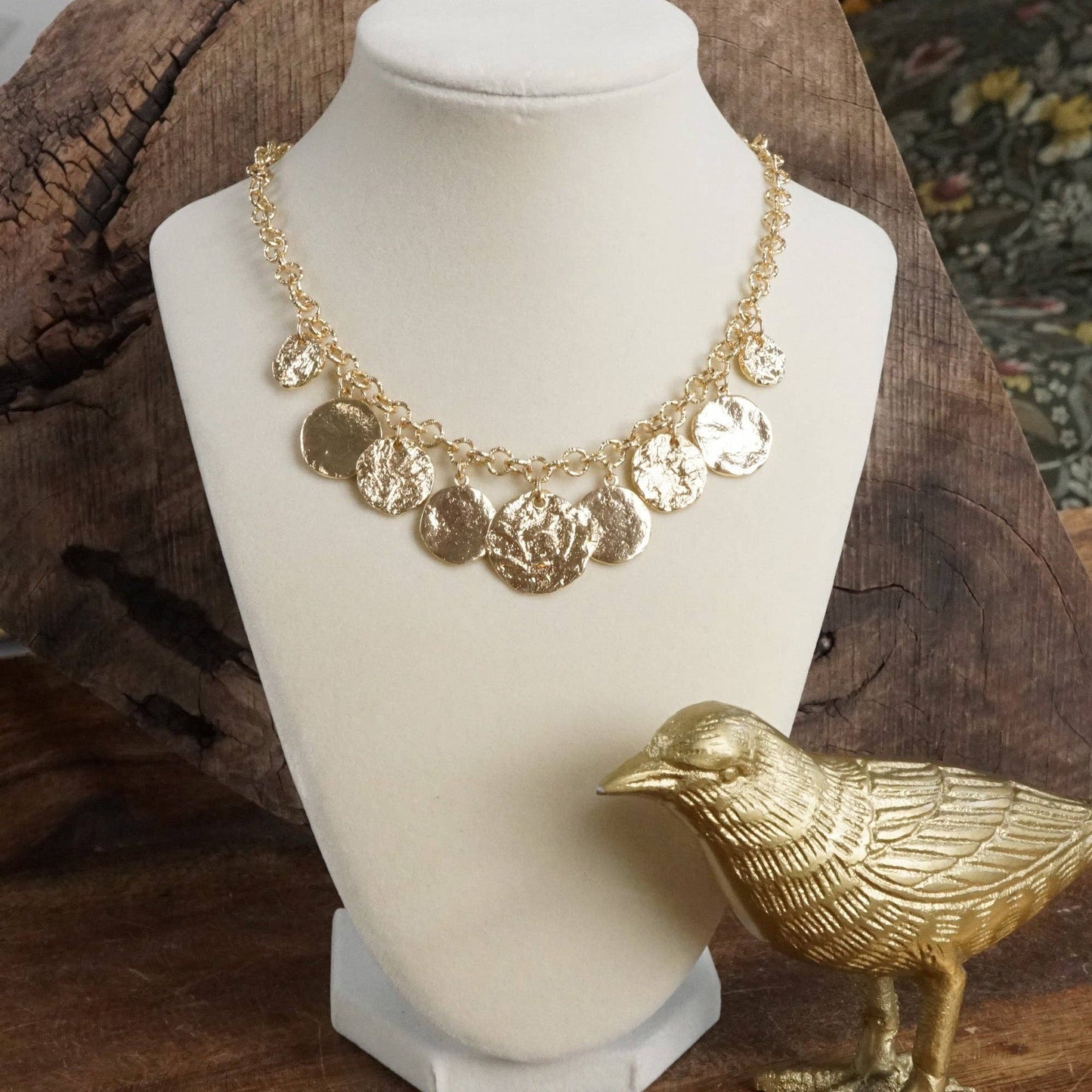 Textured Coins Statement Necklace – Gold Tone