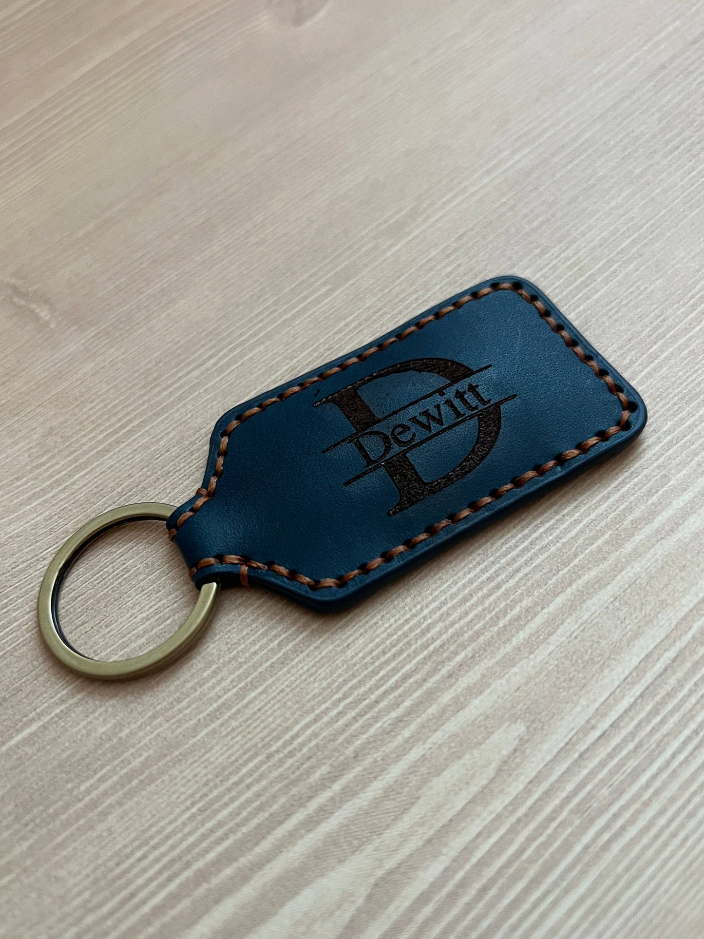 Leather Rectangle Keychain: Navy