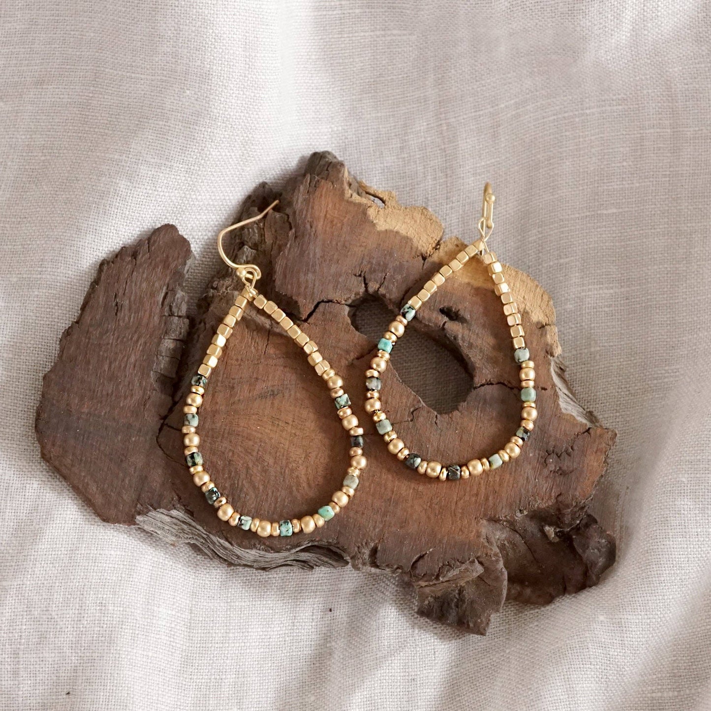 Green Natural Stone & Gold Beaded Teardrop Earrings