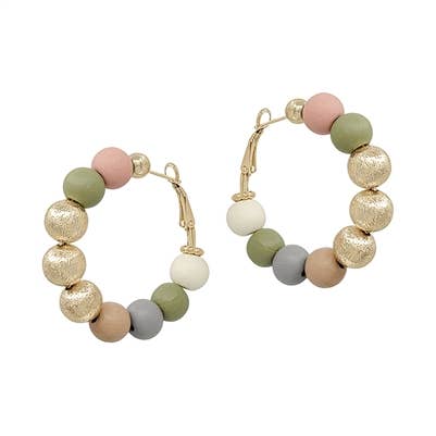 Light Multi Wood Beaded and Textured Gold 1.75" Earring