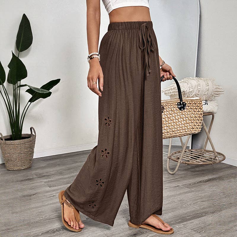 Chocolate Flowy Embroidered Wide Leg Pants