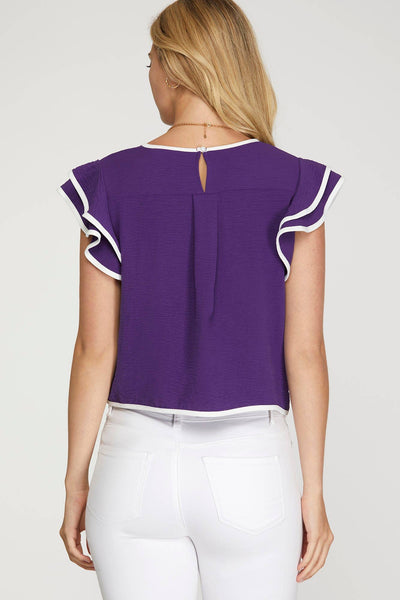 Game Day Ruffle Sleeve Contrast Piping Top Purple