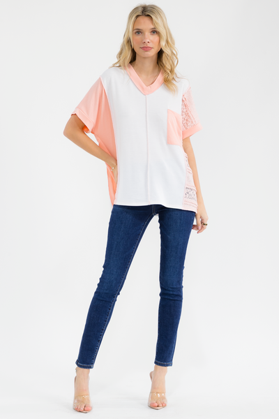 Mixed Media Lace V Neck Top Peach