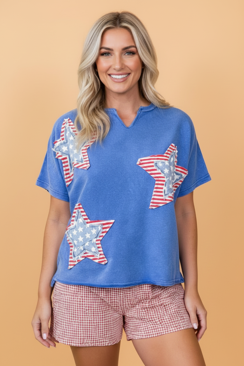 USA Star Patchwork Notched Neck Tee