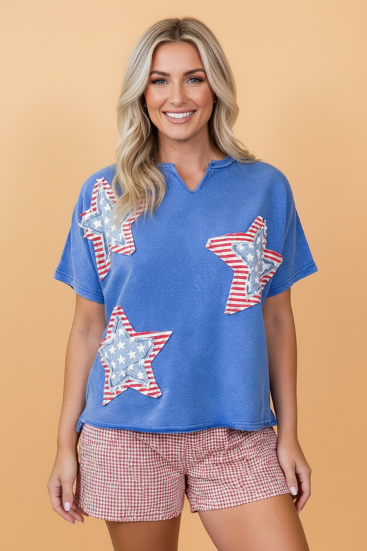 USA Star Patchwork Notched Neck Tee