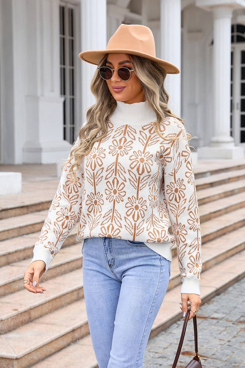 Knitted Floral Turtleneck Sweater*