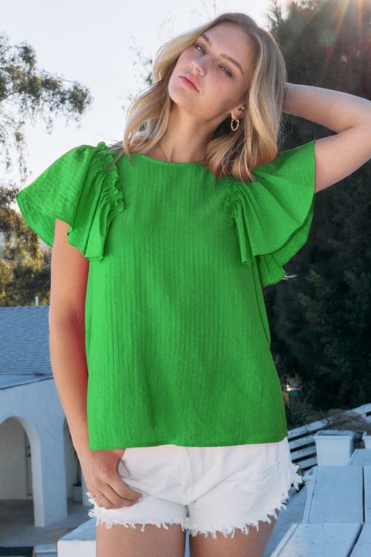 Green Woven Ruffle Sleeve Blouse
