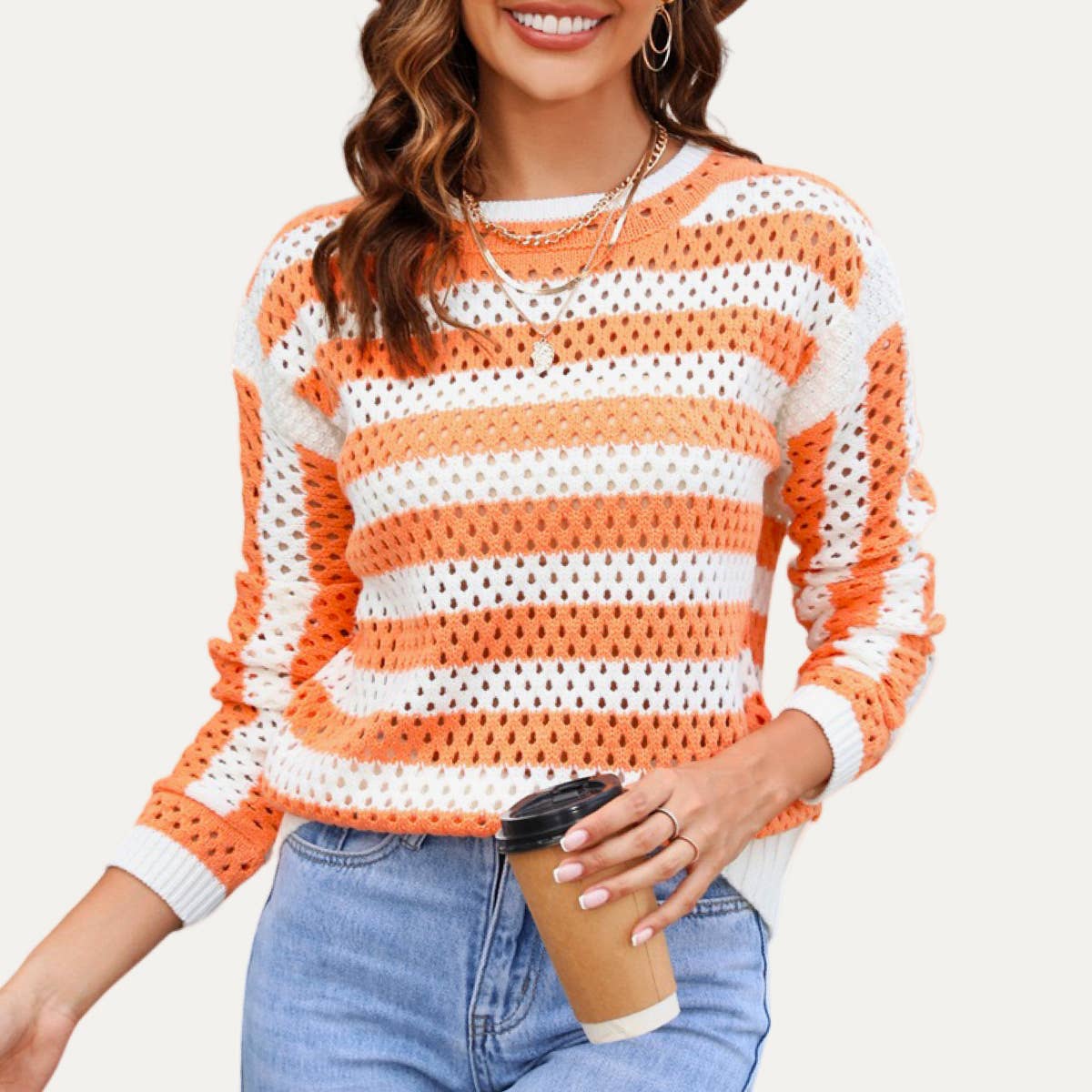 Orange Striped Pointelle Knit Top*