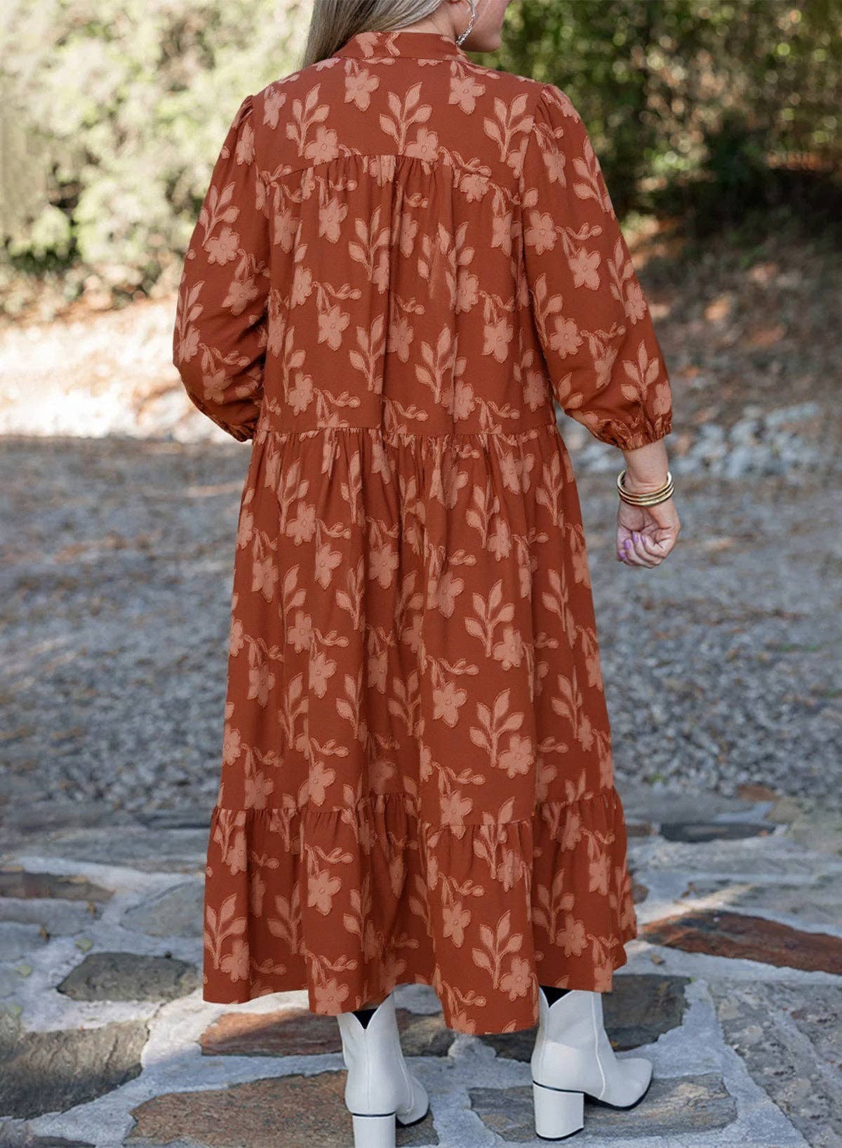 Cinnamon Textured Ruffle Hem Midi Dress