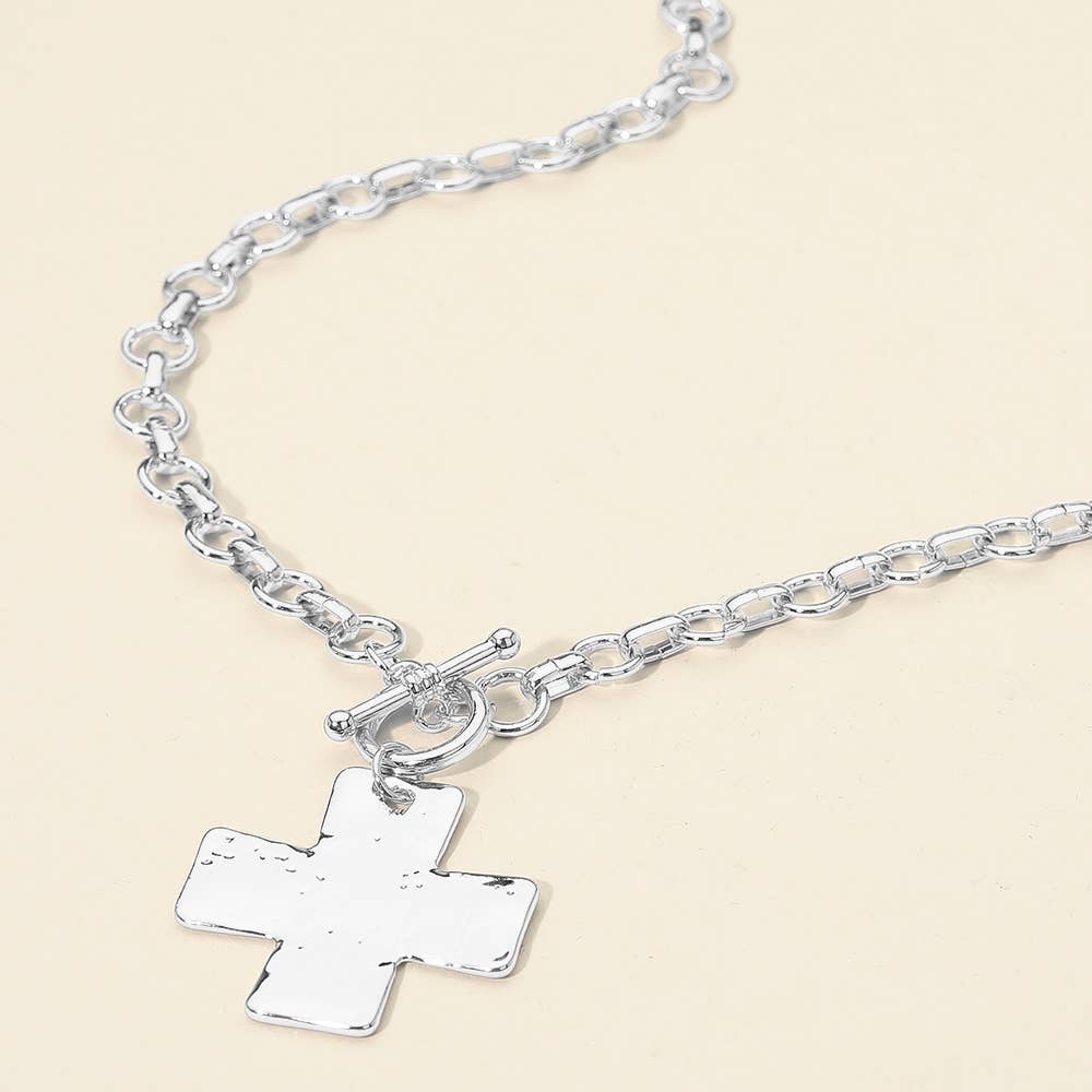Hammered Metal Cross Pendant Chunky Chain Necklace