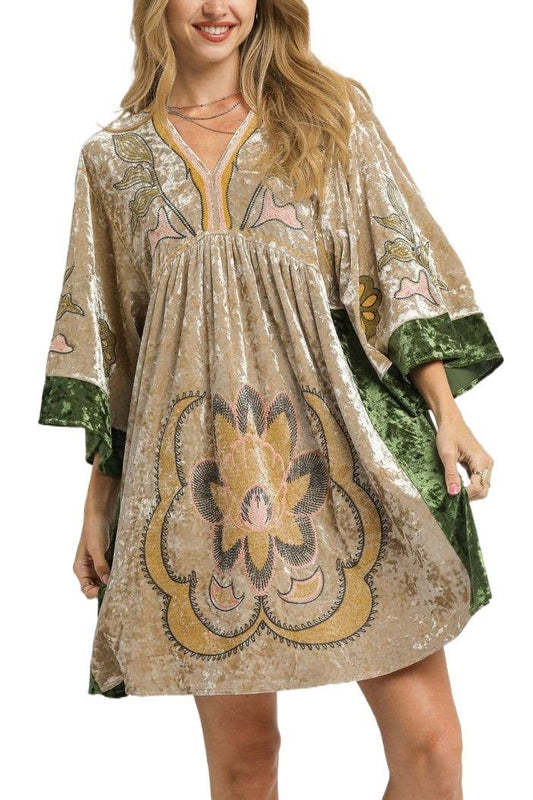 Velvet Floral Embroidered Swing Dress