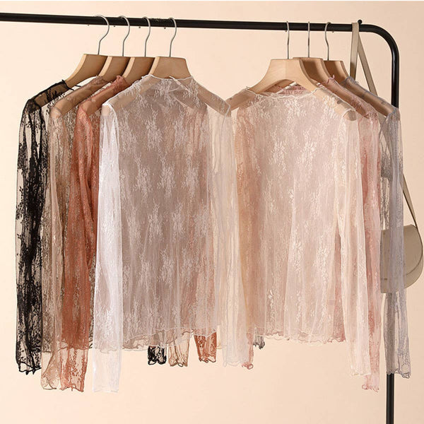 Black Sheer Lace Mesh Long Sleeve Top