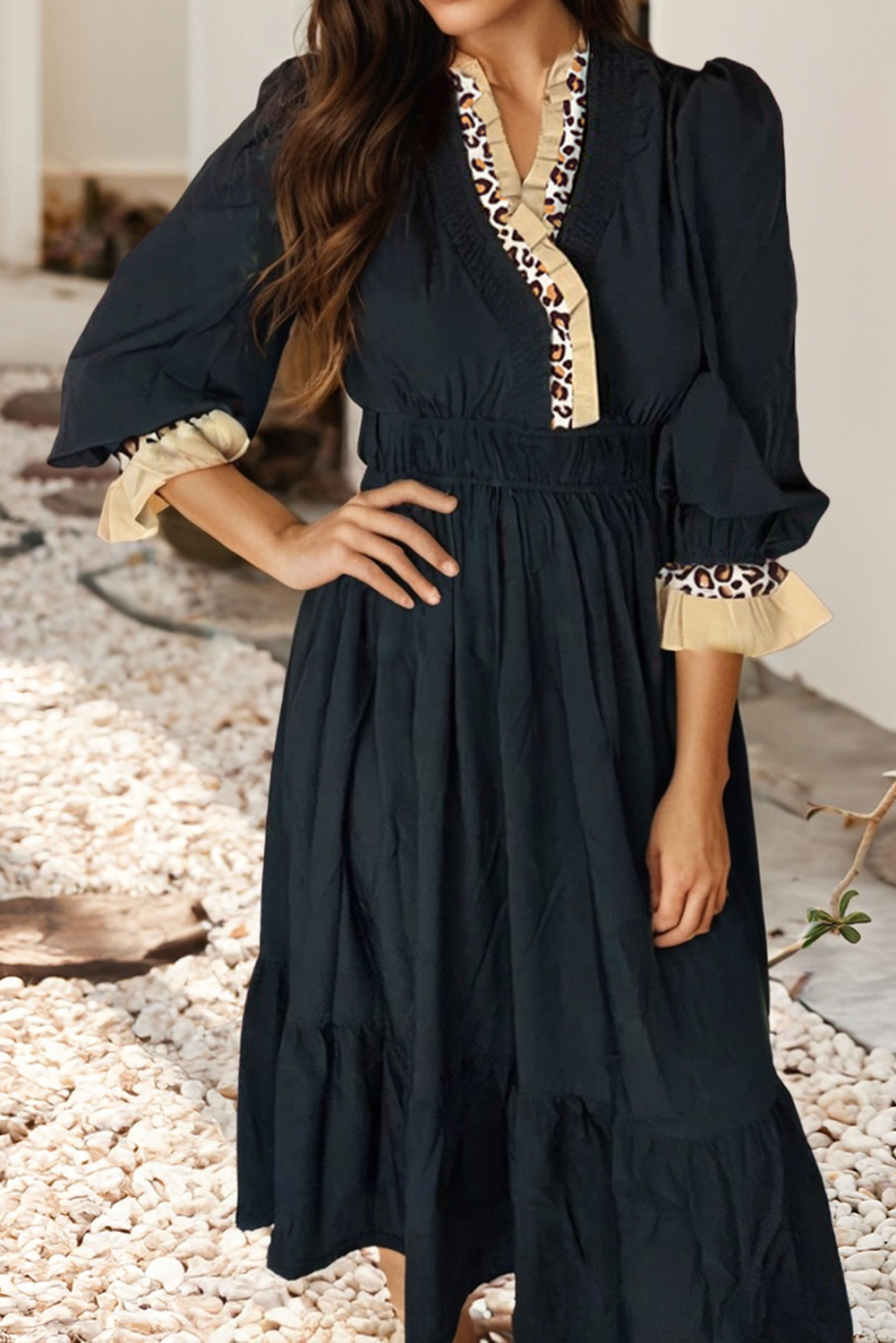 Black Midi Leopard Detail Dress