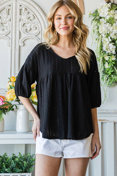 Eyelet Embroidered V-Neck Puff Sleeve Black