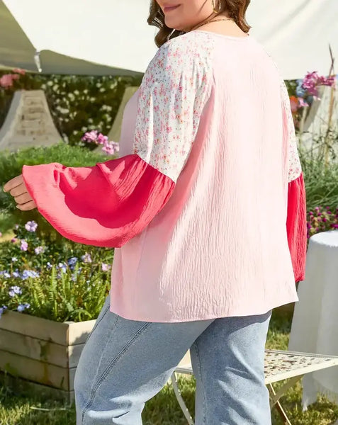 Pink Contrast Floral Patchwork Blouse