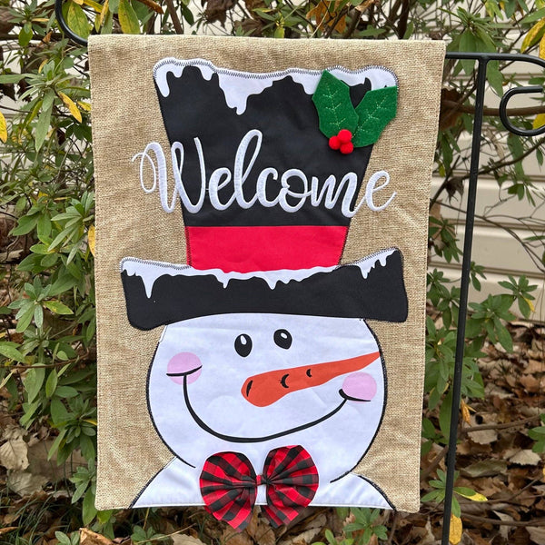 Christmas Decoration Snowman Top Hat 2-Sided Burlap