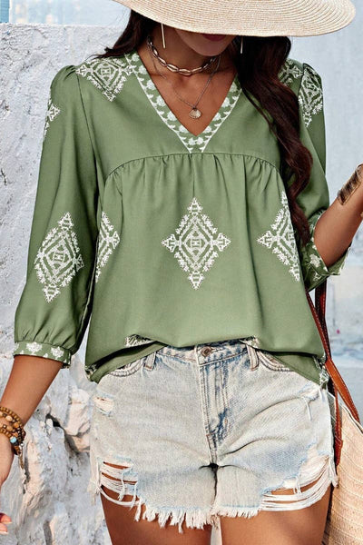 Summer Print 3/4 Sleeve V-Neck Top Pink