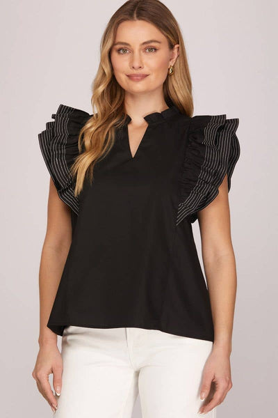 Ruffle Sleeve Stich Detail Game Day Top Black