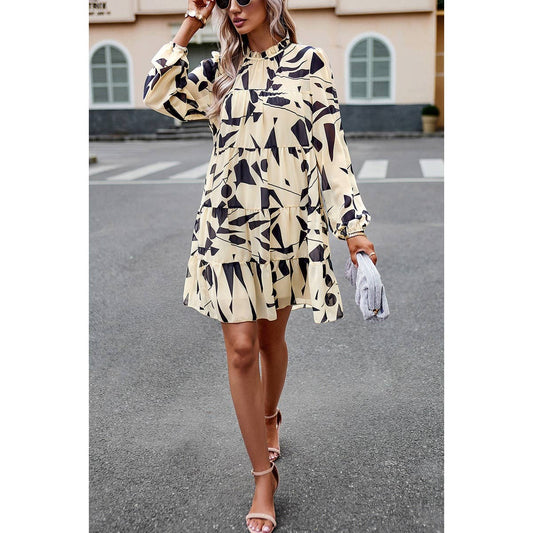 Beige Abstract Long Sleeve Dress
