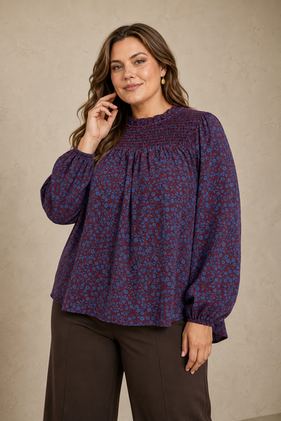 Burgundy Floral Smocked Mock Neck Blouse