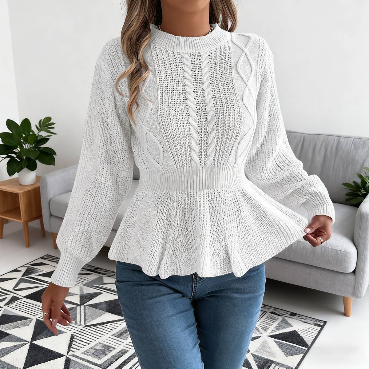 White Twisted Peplum Sweater