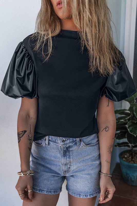 Leather Puff Mock Neck Top