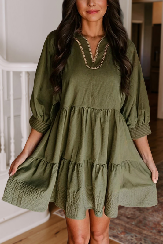 Olive Stitched Tiered Dress