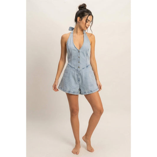 Denim Halter Romper Light Blue