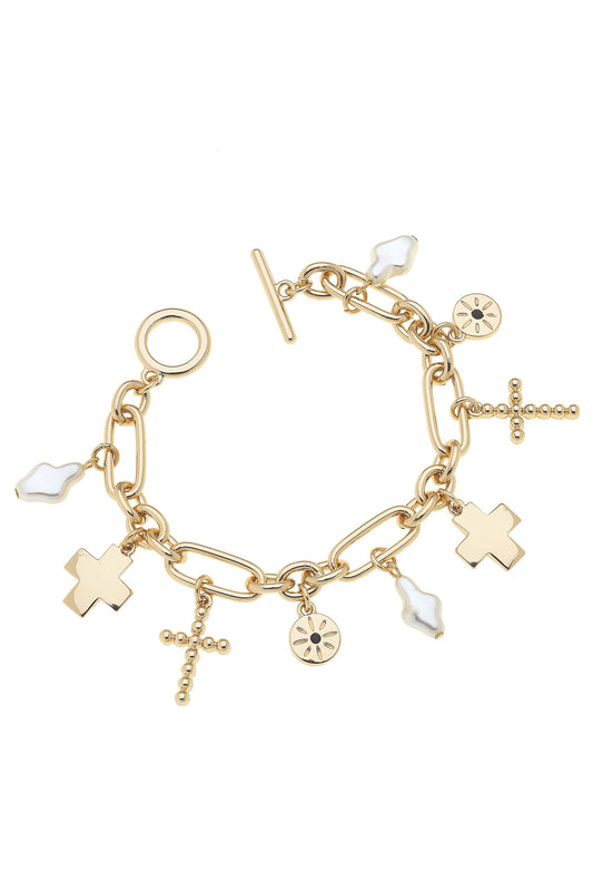 Abigail Multi Cross Charm Bracelet in Shiny Gold