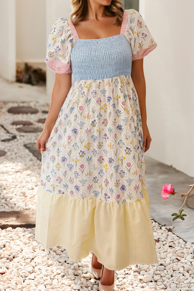 Color Block Patchwork Square Neck Shirred Dress
