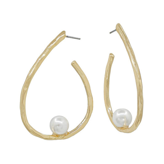 Gold Hammered Teardrop with Pearl Earring