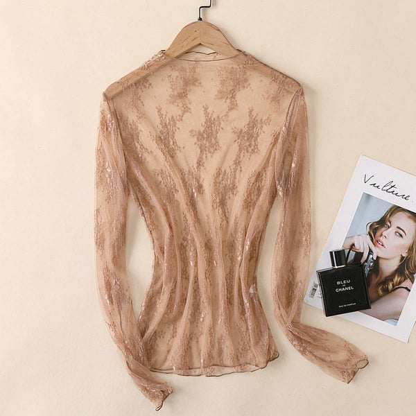 White Sheer Lace Mesh Long Sleeve Top