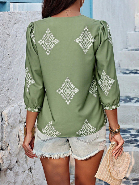 Summer Print 3/4 Sleeve V-Neck Top Pink