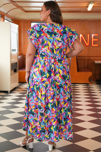 Neon Reef Geometric Ruffle Sleeve Maxi Dress