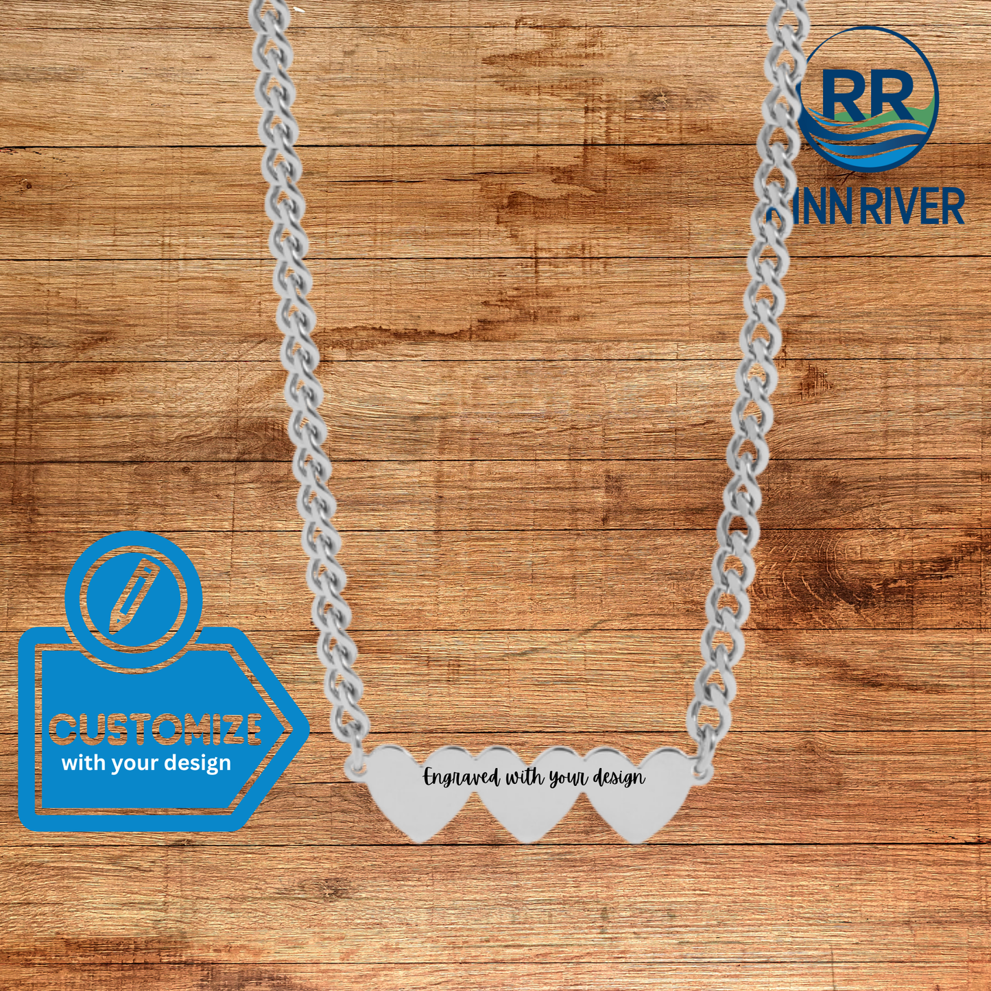 3 Hearts on Curb Chain Necklace: Stainless Steel