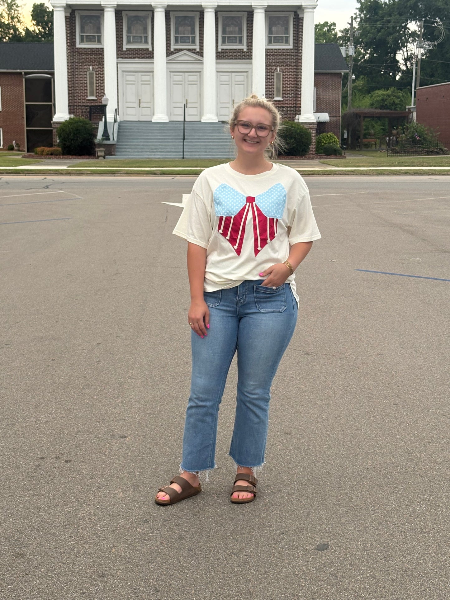 USA Flag Bow Patched T Shirt