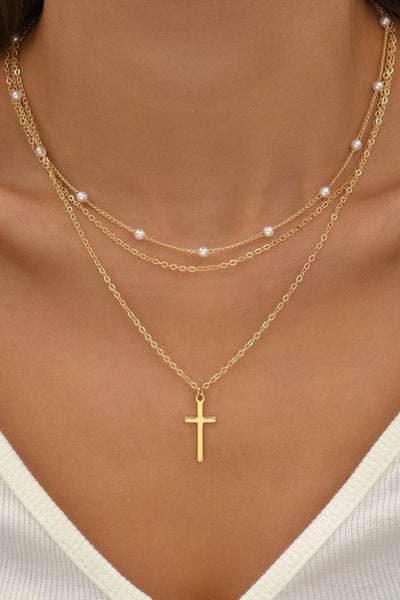 Gold Cross Pendant Pearl Triple Layer Necklace