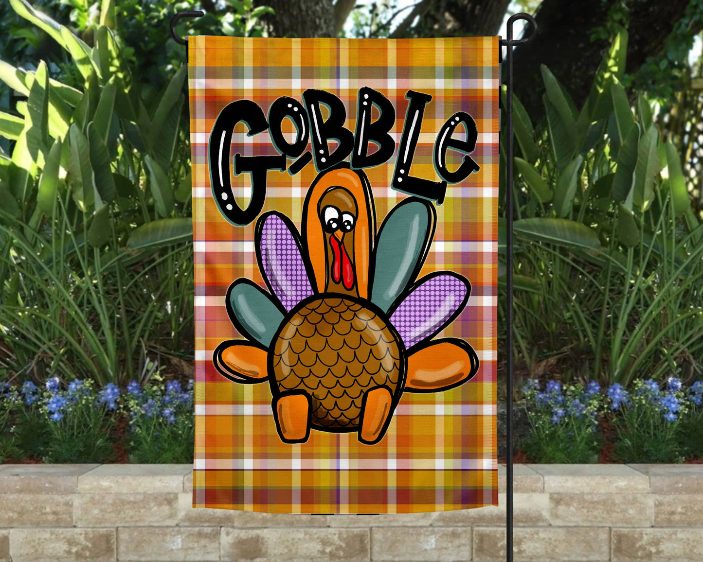 Garden Flag: Gobble Turkey with Plaid