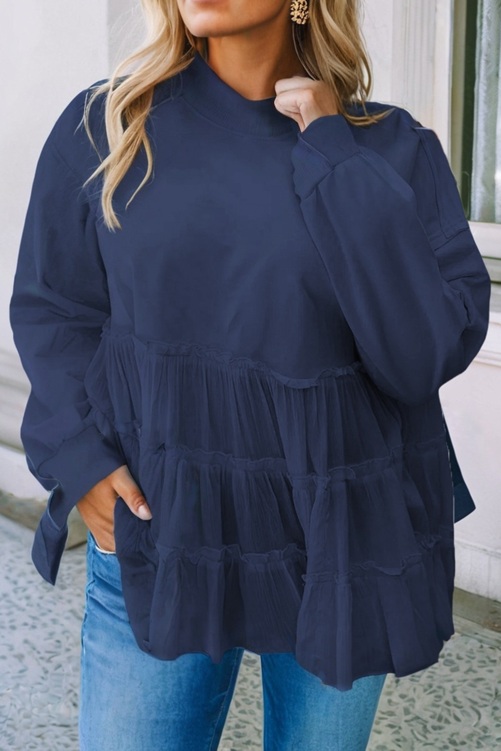 Navy Tiered Ruffle Ribbed Top