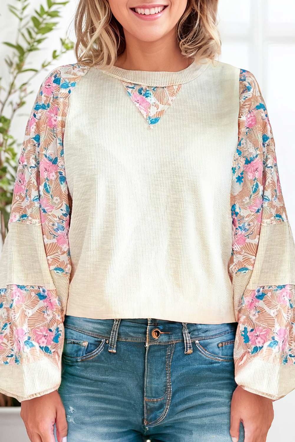 Apricot Floral Balloon Pullover