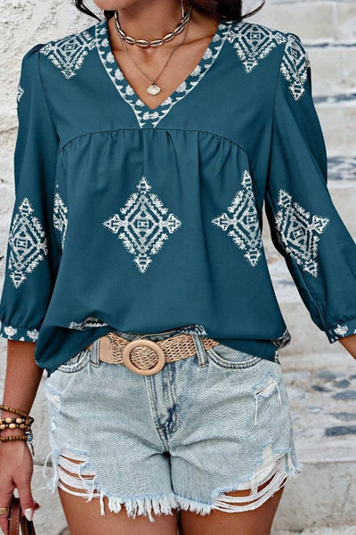 Summer Print 3/4 Sleeve V-Neck Top Pink
