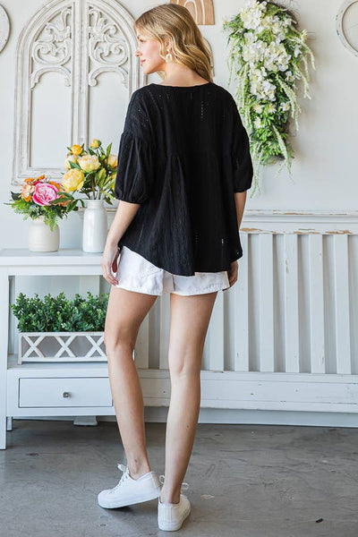 Eyelet Embroidered V-Neck Puff Sleeve Black