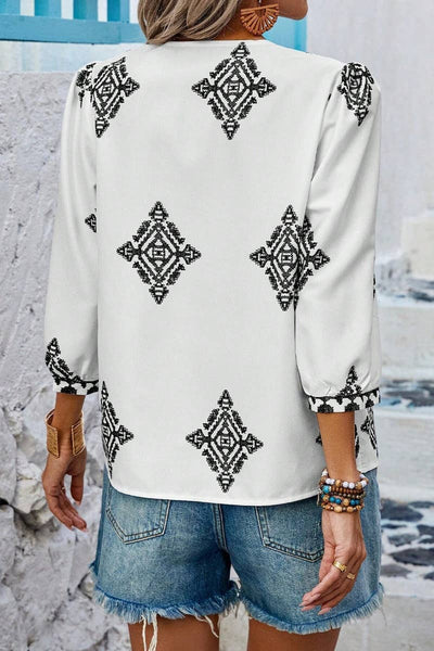 Summer Print 3/4 Sleeve V-Neck Top Pink